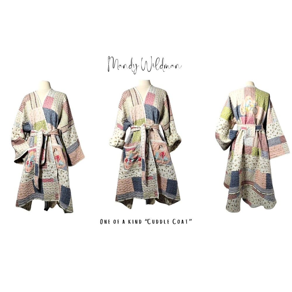 Handmade womens quilted patchwork coat w/ belt. Big pockets. Retro. Warm. OOAK.